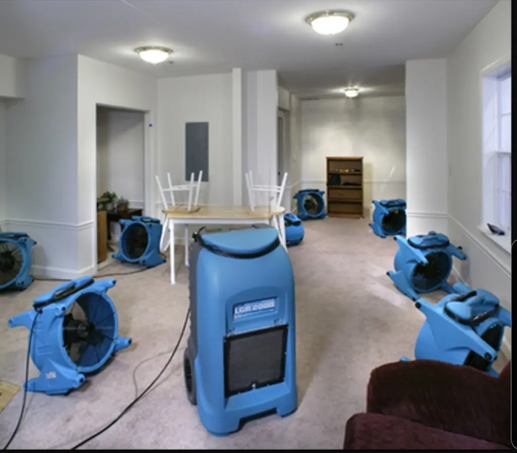 Air movers and dehumidifier setup for Water Damage Restoration in Long Beach